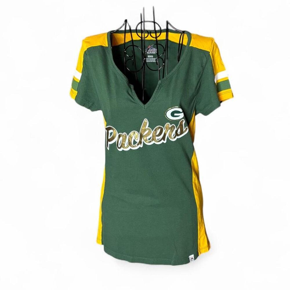 Majestic Green Bay Packers Womens Medium V Neck Shirt Green Gold NFL Fan Fashion